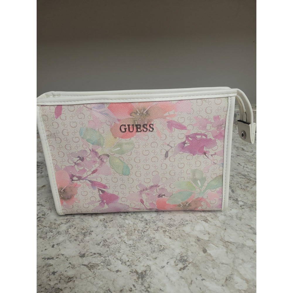 GUESS 2 Pc Floral Cosmetic Makeup Bag Set White Pink Travel Toiletry Zip Pouches